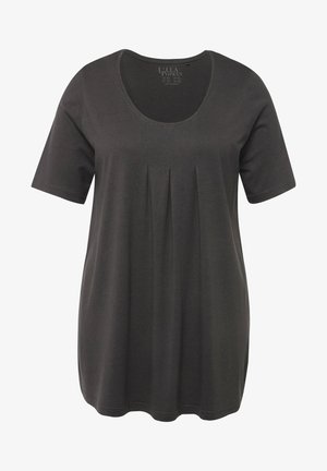 T-shirt grigio scuro a maniche corte con scollo rotondo, caratterizzato da pieghe verticali sul fronte e una vestibilità morbida. Realizzato in tessuto morbido.