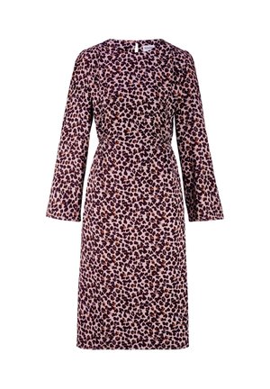 Langärmliges knielanges Kleid mit lila und braunem Leopardenmuster, tailliertem Schnitt und rundem Ausschnitt.