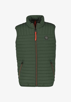 Grünes gepolstertes Weste mit hohem Kragen, Frontreißverschluss und orangefarbigen Akzenten. Verfügt über zwei Reißverschlusstaschen und ein gestepptes Design.