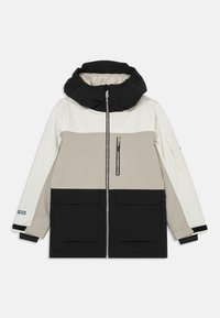 Värviliselt blokeeritud jakk, millel on must kapuuts, beež rinnapaneel ja must alumine osa. Sisaldab kahte suurt esikotti ja esist zipperi.