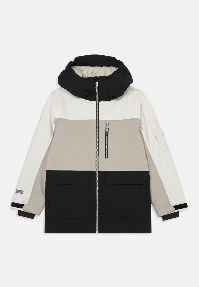 Värviliselt blokeeritud jakk, millel on must kapuuts, beež rinnapaneel ja must alumine osa. Sisaldab kahte suurt esikotti ja esist zipperi.