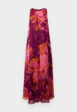 Long, sleeveless dress in sheer fabric with a floral pattern in pink, orange, and deep purple hues; loose, flowing silhouette.