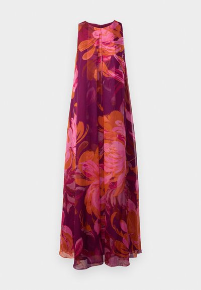 Long, sleeveless dress in sheer fabric with a floral pattern in pink, orange, and deep purple hues; loose, flowing silhouette.