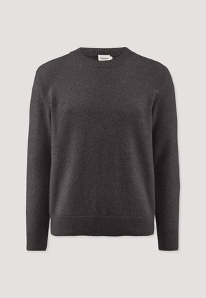 Schwefelgrauer Strickpullover mit langen Ärmeln und rundem Ausschnitt. Verfügt über gerippte Bündchen und Saum, hergestellt aus einem weichen, strukturierten Material.