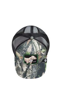 Tarnmütze mit einem grünen Patch, der ein Hundedesign zeigt. Hergestellt aus Stoff mit einem Netzrücken, der eine strukturierte, gebogene Schirmform aufweist.