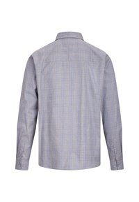 Langermet skjorte i lyseblå rutemønster, med krage, knappeermer og rett bakside. Teksturert stoff synlig.