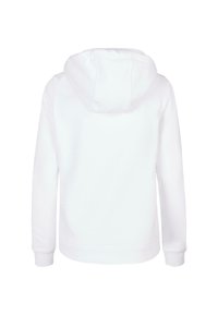 Felpa bianca con cappuccio e maniche lunghe, realizzata in tessuto morbido. Presenta una tasca a marsupio, polsini e orlo ribattuti. Vista posteriore solo.