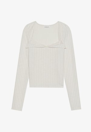 Light beige long-sleeve top with a ribbed texture. Features a lace trim and cropped design, with a round neckline and fitted sleeves.