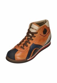 Hochgeschnittener Ledersneaker in Orange, Marineblau und Creme. Verfügt über braune Schnürsenkel, strukturierte Paneele und ein Logo an der Seite. Gummisohle.