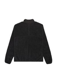 Pullover in pile nero con colletto alto, caratterizzato da una superficie testurizzata e un dettaglio di cucitura sulla parte alta della schiena, progettato per calore e comfort.