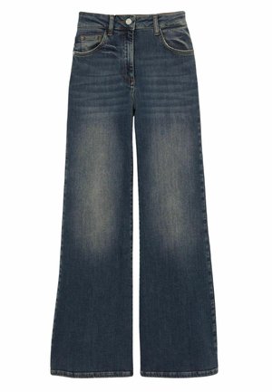 Wide-leg denim jeans in dark blue wash, featuring a smooth texture, contrasting stitching, five pockets, and a front button closure.