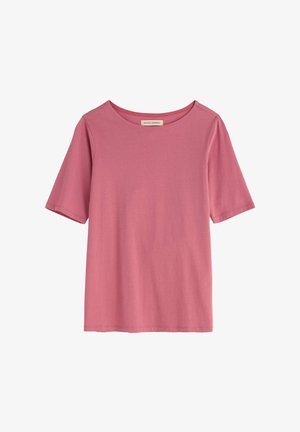 Rosa Kurzarm-T-Shirt aus Baumwolle mit rundem Ausschnitt, sichtbaren Nähten und Markenetikett im Kragen, auf weißem Hintergrund.