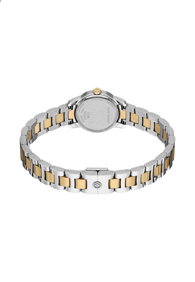 Montre en métal argenté et doré avec un boîtier rond vue de dos. Le bracelet présente un mélange de maillons polis et brossés. Couronne à 12 heures.