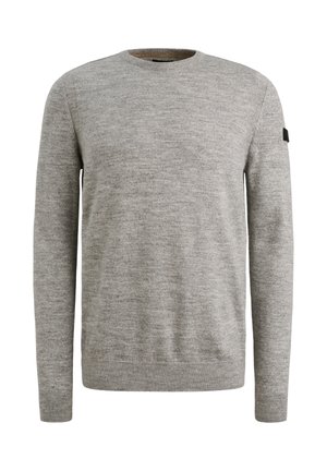Siv pulover s kratkimi rokavi in dolgimi rokavi, izdelan iz mehke tkanine. Ima rebraste manšete in spodnji rob, minimalističen dizajn in brez vidnih vzorcev.