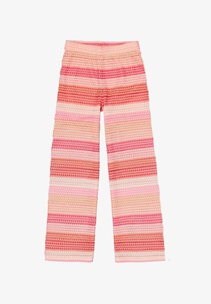 Gehaakte wijde broek met horizontale strepen in tinten roze, rood en perzik. Zachte textuur met een elastische tailleband.