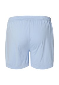Lichtblauwe katoenen shorts met een elastische tailleband, voorzien van een gladde textuur en een ontspannen pasvorm. Afgewerkte randen zonder zakken.