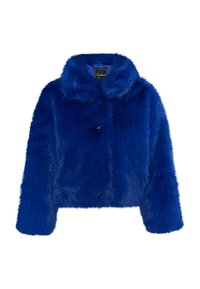 Nepluizijnen jas in een levendig blauw, met een kraag, vier knopen aan de voorkant en lange mouwen met een cropped ontwerp. Zachte textuur overal.