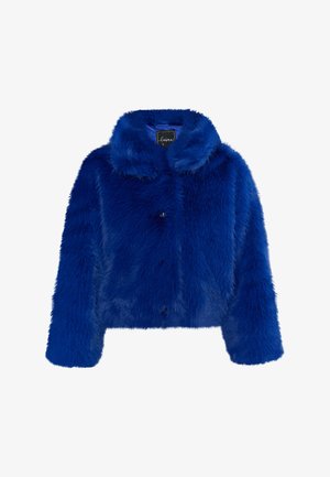 Chaqueta de piel sintética en un vibrante color azul, con un cuello tipo solapa, cuatro botones frontales y mangas largas con un diseño cortado. Textura suave en toda la prenda.