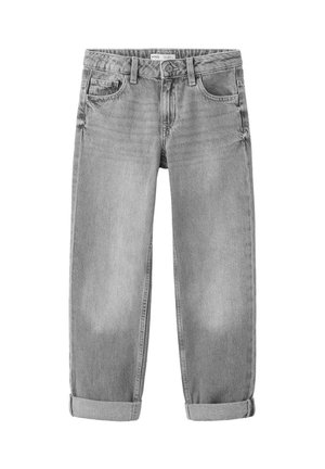 Jean en denim gris avec revers roulés, bouton et fermeture éclair devant, passants de ceinture et cinq poches, présenté sur fond blanc.