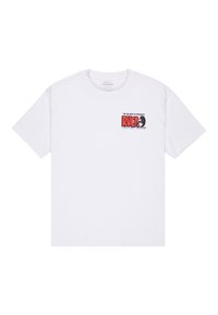 Camiseta de algodón de manga corta blanca. Presenta un gráfico de color en el lado izquierdo del pecho con el texto "RVCA" y un diseño de personaje.