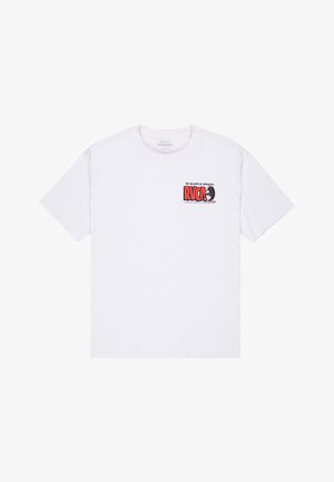 White short-sleeve t-shirt made from cotton. Features a colored graphic on the left chest with the text "RVCA" and a character design.