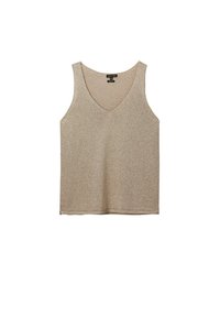 Débardeur beige en maille sans manches avec un col en V et un tissu texturé, présenté à plat sur fond blanc.