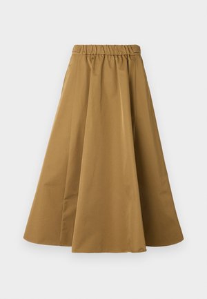 Brown, ankle-length skirt made of smooth cotton, featuring an elastic waistband for comfort and subtle pleats for volume.