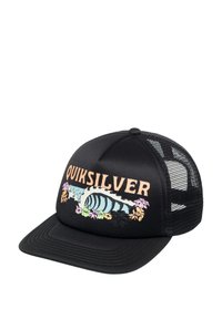 Svart truckerkeps med nät bak, med en färgglad våg- och blommig grafik, samt texten "QUIKSILVER" i fet, ljusorange bokstäver.