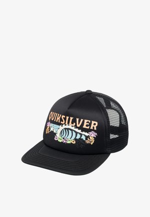 Cappellino da camionista nero con retro in rete, con una grafica colorata di onde e fiori, e il testo "QUIKSILVER" in lettere grassetto arancione chiaro.