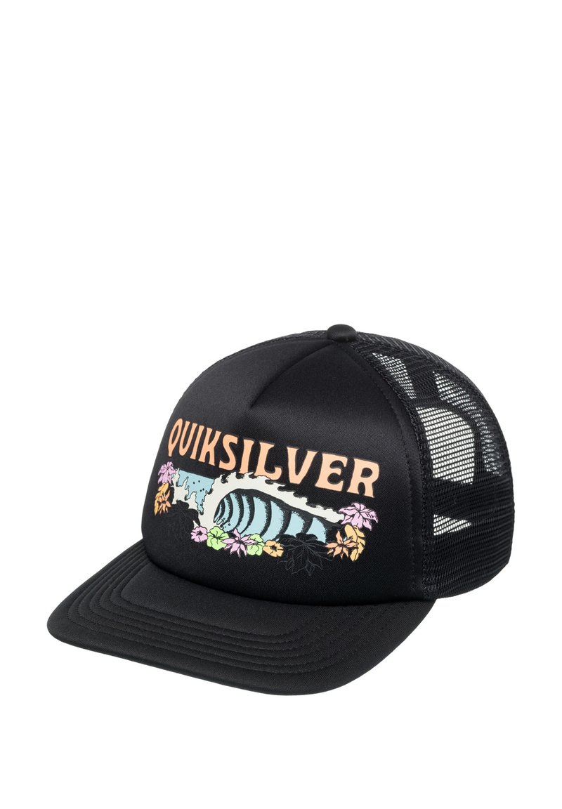 Svart truckerkeps med nät bak, med en färgglad våg- och blommig grafik, samt texten "QUIKSILVER" i fet, ljusorange bokstäver.