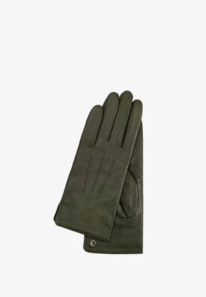 Grüne Lederhandschuhe mit vier Fingern, subtilen Stickdetails und einem abgerundeten Daumen. Mit einem Logo-Patch im Handgelenkbereich.
