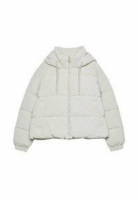 Veste matelassée blanche avec capuche à cordon, fermeture éclair à l'avant et poignets élastiques. Coupe carrée et deux poches latérales. Texture lisse.