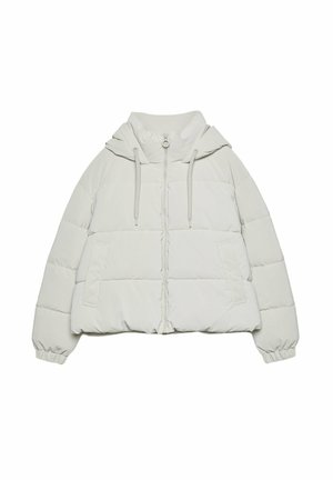 Witte donsjas met een capuchon met trekkoord, een ritssluiting aan de voorkant en elastische manchetten. Heeft een vierkante pasvorm en twee zijzakken. Gladde textuur.