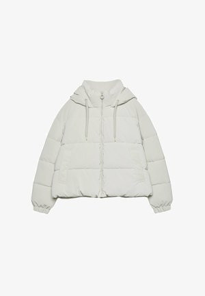 Witte donsjas met een capuchon met trekkoord, een ritssluiting aan de voorkant en elastische manchetten. Heeft een vierkante pasvorm en twee zijzakken. Gladde textuur.