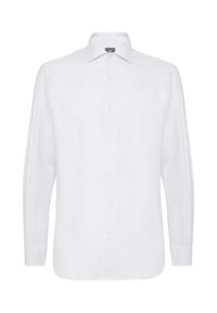 Vit långärmad skjorta med vertikalt randigt mönster, standardkrage, knäppning fram och knäppning vid ärmsluten. Tillverkad av ett slätt tyg.