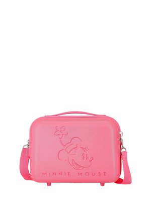 Pequeño bolso rectangular rosa con la cara de Minnie Mouse en relieve y texto, con asa y correa desmontable.