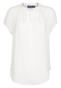 Biała bluzka z krótkim rękawem, okrągłym dekoltem, z marszczeniami i wiązaniem z przodu. Wykonana z gładkiego materiału, o luźnym kroju.