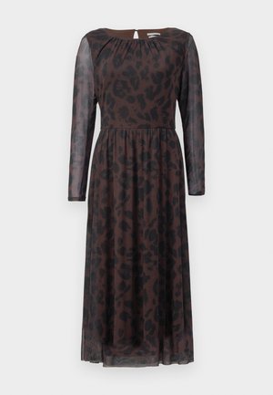 Brown leopard print dress with long sheer sleeves, a keyhole back detail, and a cinched waist, featuring a flowing skirt and smooth texture.