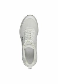 White athletic shoe with a mesh upper, rounded toe, and laces. Features a textured interior and a pull tab at the heel.