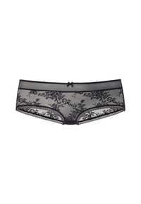 Lingerie nera in pizzo con motivo floreale, lati in rete trasparente, bordi ondulati e un piccolo fiocco al centro frontale.