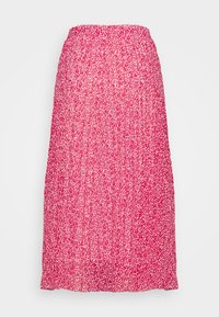 Falda midi rosa con un tejido texturizado y un patrón floral disperso, con cintura elástica y una silueta fluida.