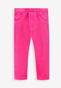 Roze corduroy legging met een gladde textuur, voorzien van twee voorzakken en een geribde tailleband. De pijpen lopen taps toe aan de onderkant.