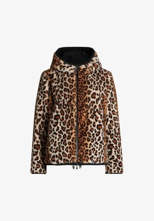 Kurtka z kapturem w panterkę zapinana na zamek, wykonana z miękkiego materiału z futra syntetycznego, z czarnymi akcentami i prostym krojem. Posiada zamek z przodu oraz boczne kieszenie.