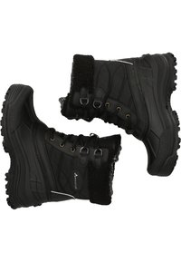 Botas de invierno impermeables negras con un upper de tejido texturizado, forro de piel sintética, ojales de metal y una suela de goma resistente para tracción.