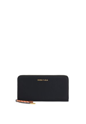 Black wallet with gold logo "BIMBA Y LOLA," zip closure, textured fabric, and a contrasting orange strap detail. Slim rectangular design.