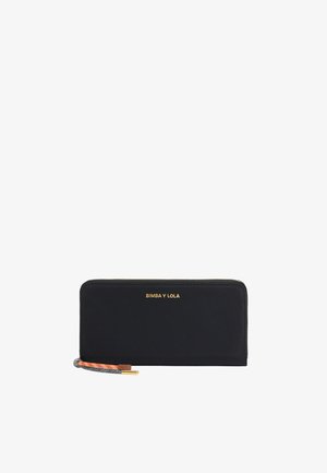 Black wallet with gold logo "BIMBA Y LOLA," zip closure, textured fabric, and a contrasting orange strap detail. Slim rectangular design.