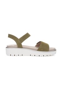 Olive green suede sandals with a white textured sole, adjustable ankle strap, and a wide front band.