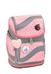 Rosa und grauer Rucksack mit Punkten, der ein kurviges Design, zwei pferde-themenbezogene Knöpfe und einen flauschigen, herzförmigen Charm aufweist.