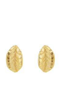 Pendientes de aro de metal en tono dorado con forma de hojas detalladas, con patrones de venas texturizadas y bordes facetados.
