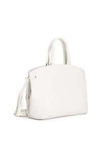 Valkoinen nahkalaukku, jossa on kaksinkertaiset kahvat, pyöreä muoto ja koristeellinen tupsusomistus toisella puolella; sileä pinta ja minimalistinen muotoilu.